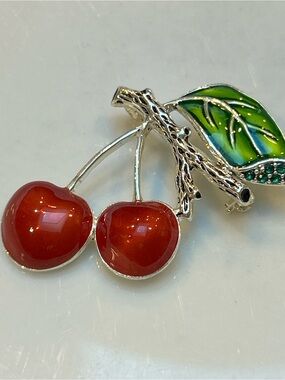 Cherry Drop Women’s Brooch Pin – Red enamel Green crystals silver tone